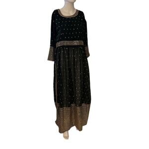 Dark Green Gold Sequined Anarkali Maxi Dress Metallic Printed Long Sleeve Gown